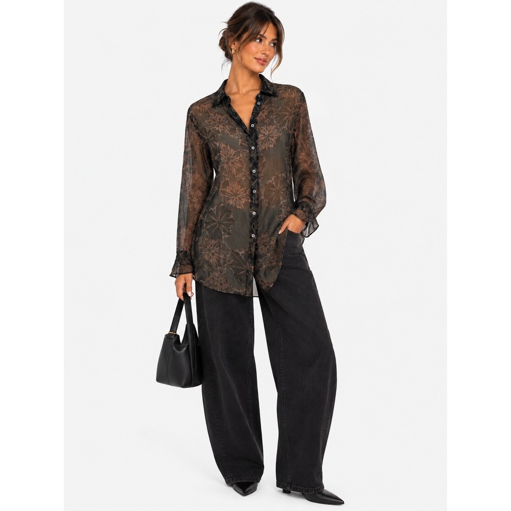 Transit Par-Such Sheer Floral Plisse Button Down Shirt Black Brown 2 S